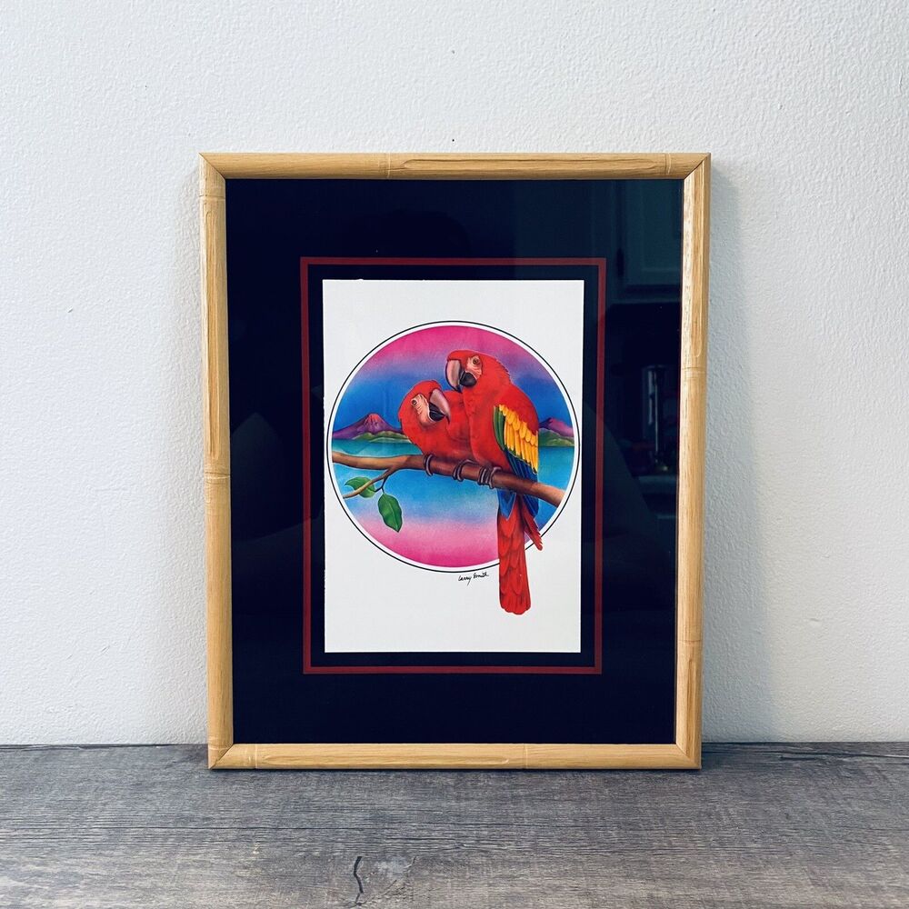 Vintage Signed Parrot Print Bamboo Framed Art